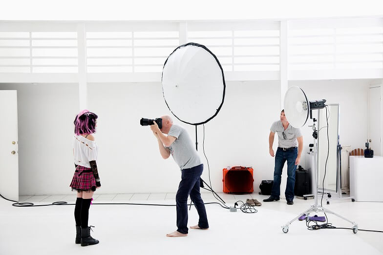Photographer shooting fashion model in photo shoot