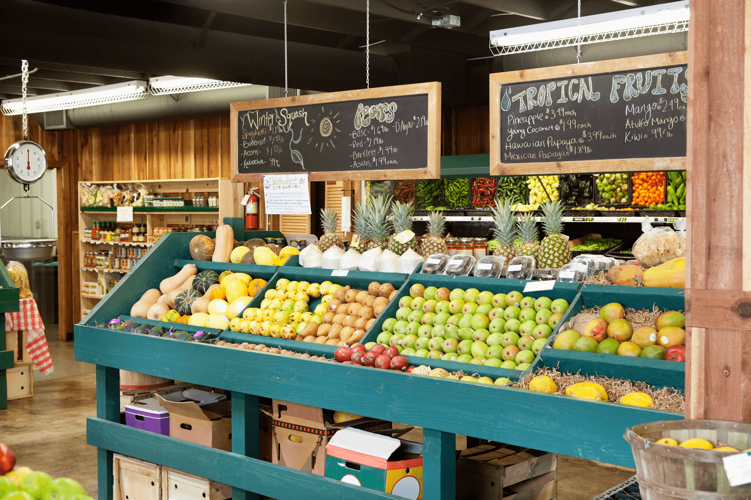 fruit and produce on display in market
